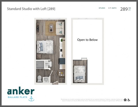 Floor plan for studio, 1 bath, 289 sqft